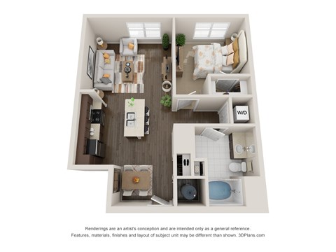 A 3D floor plan of a small apartment with a kitchen, living room, and bathroom.
